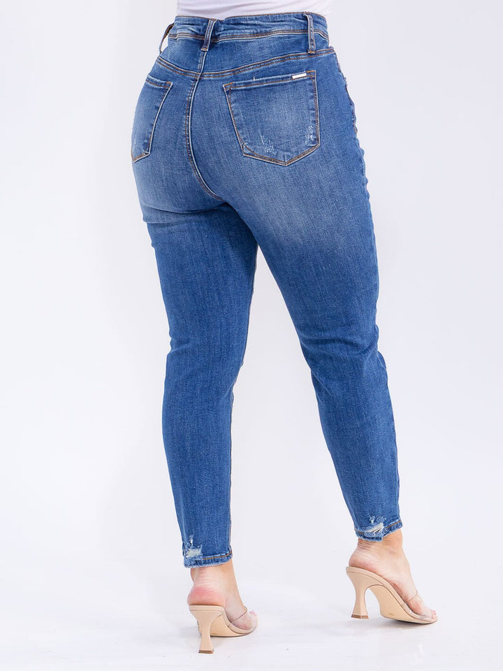 PLUS SIZE BUTTON CLOSURE POCKETS WASHED DENIM SKINNY DISTRESS STRETCH PANTS