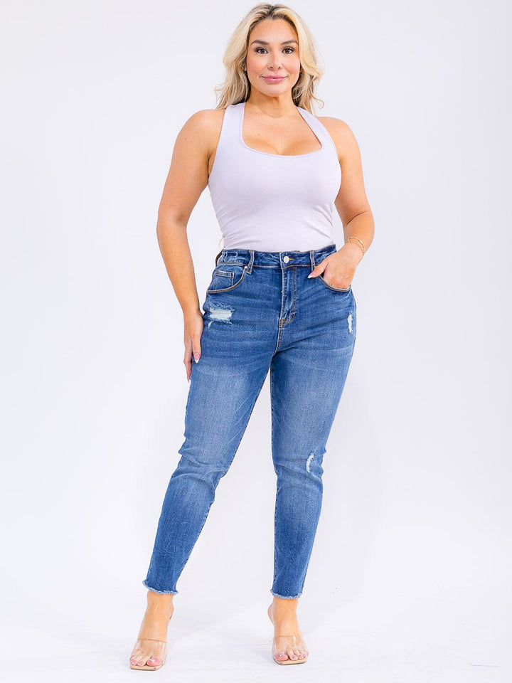 PLUS SIZE BUTTON CLOSURE POCKETS WASHED DENIM SKINNY DISTRESS STRETCH PANTS