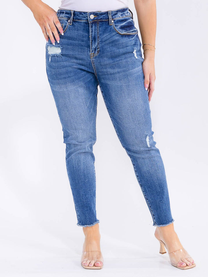 PLUS SIZE BUTTON CLOSURE POCKETS WASHED DENIM SKINNY DISTRESS STRETCH PANTS
