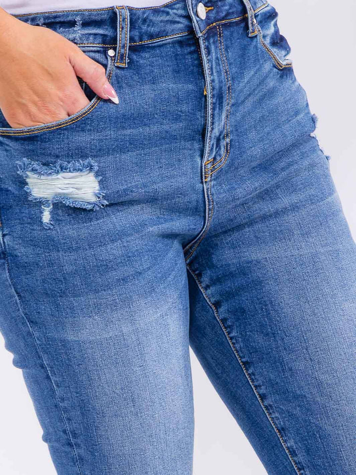 PLUS SIZE BUTTON CLOSURE POCKETS WASHED DENIM SKINNY DISTRESS STRETCH PANTS