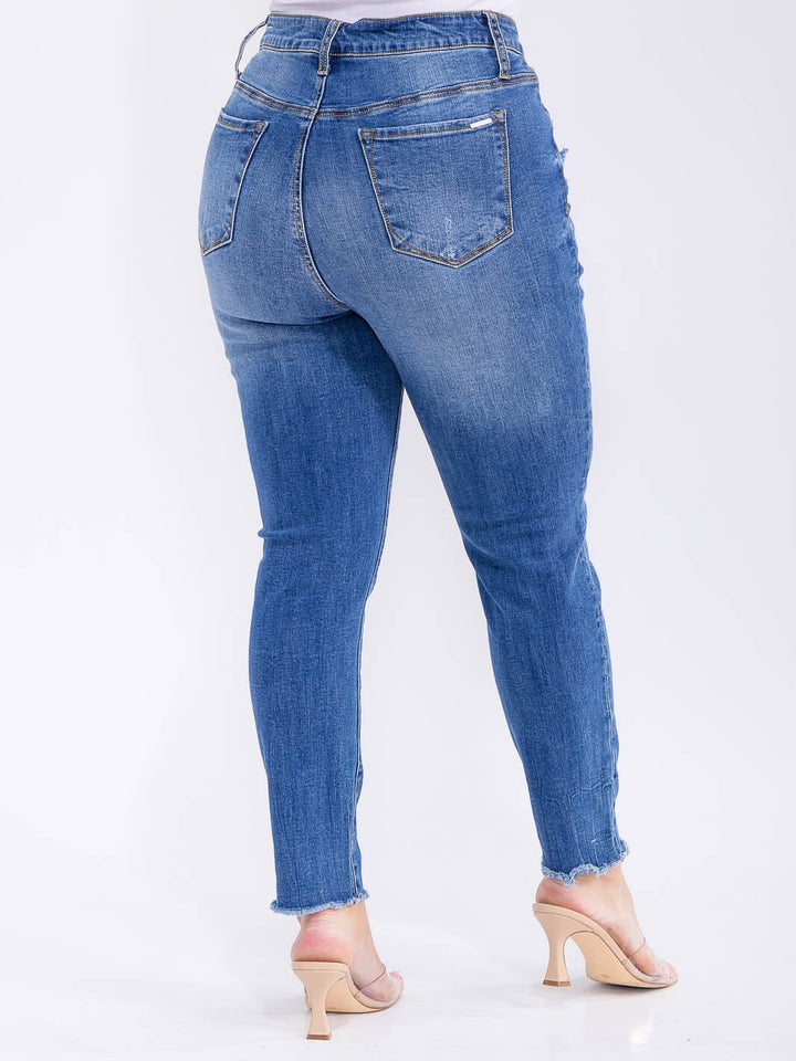 PLUS SIZE BUTTON CLOSURE POCKETS WASHED DENIM SKINNY DISTRESS STRETCH PANTS