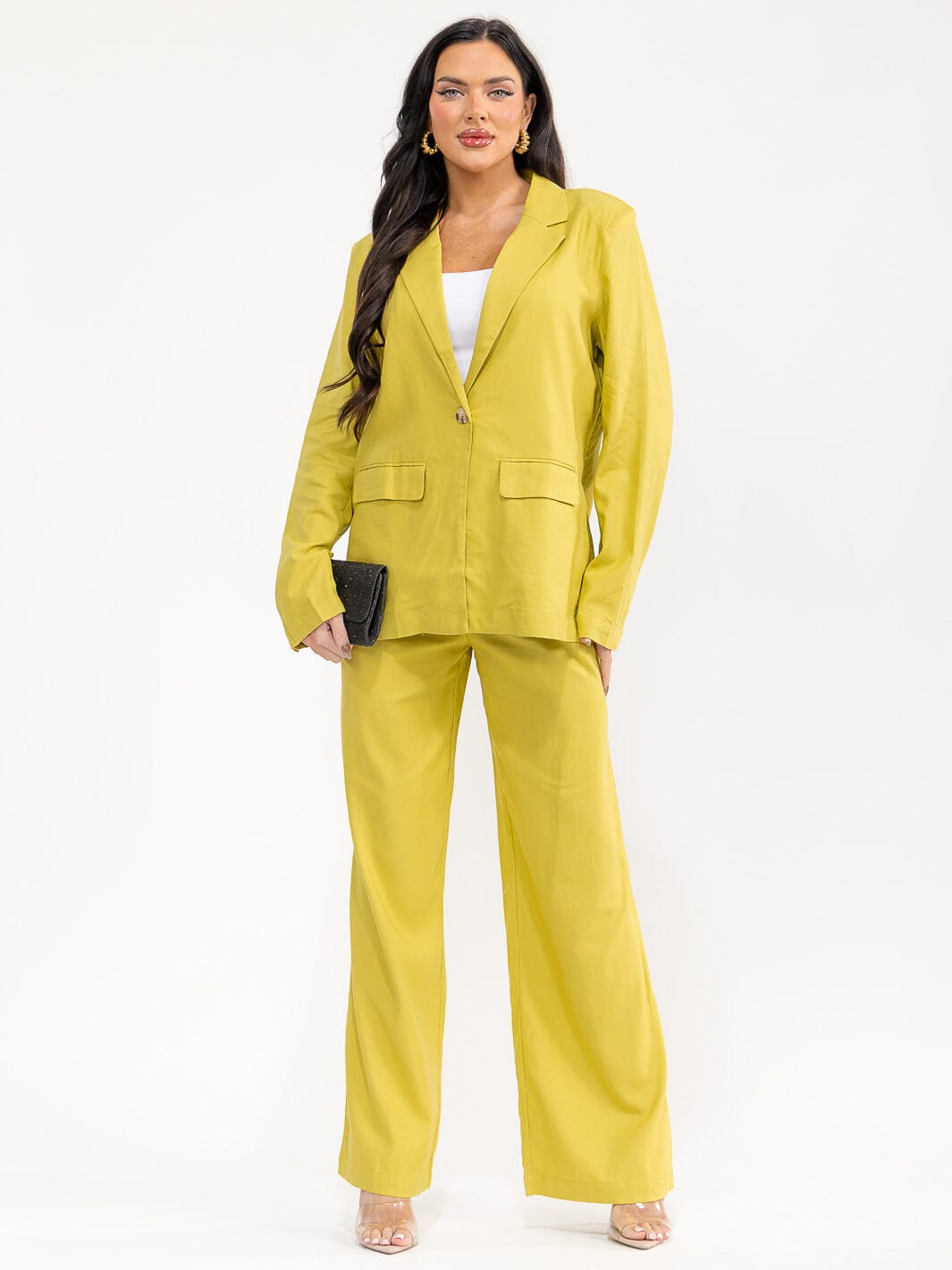 WOMEN'S LON SLEEVE BLAZER & BUTTON CLOSURE PANTS SOLID 2PC. SET