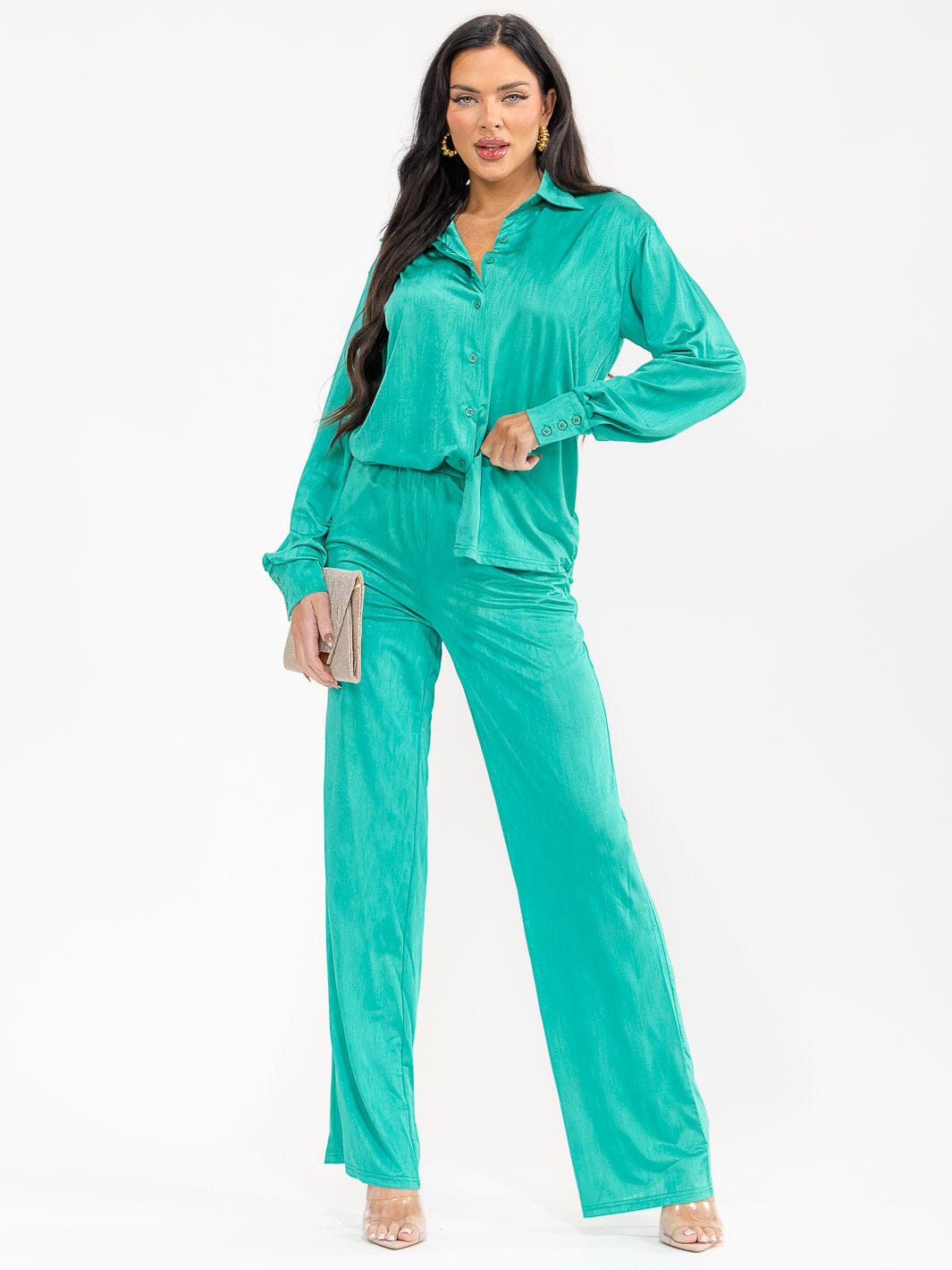 WOMEN'S LON SLEEVE BLOUSE & ELASTIC WAIST PANTS SOLID 2PC. SET