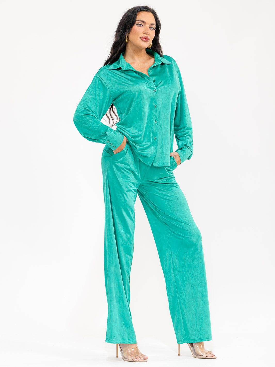 WOMEN'S LON SLEEVE BLOUSE & ELASTIC WAIST PANTS SOLID 2PC. SET