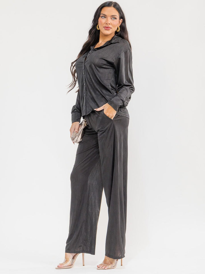 WOMEN'S LON SLEEVE BLOUSE & ELASTIC WAIST PANTS SOLID 2PC. SET