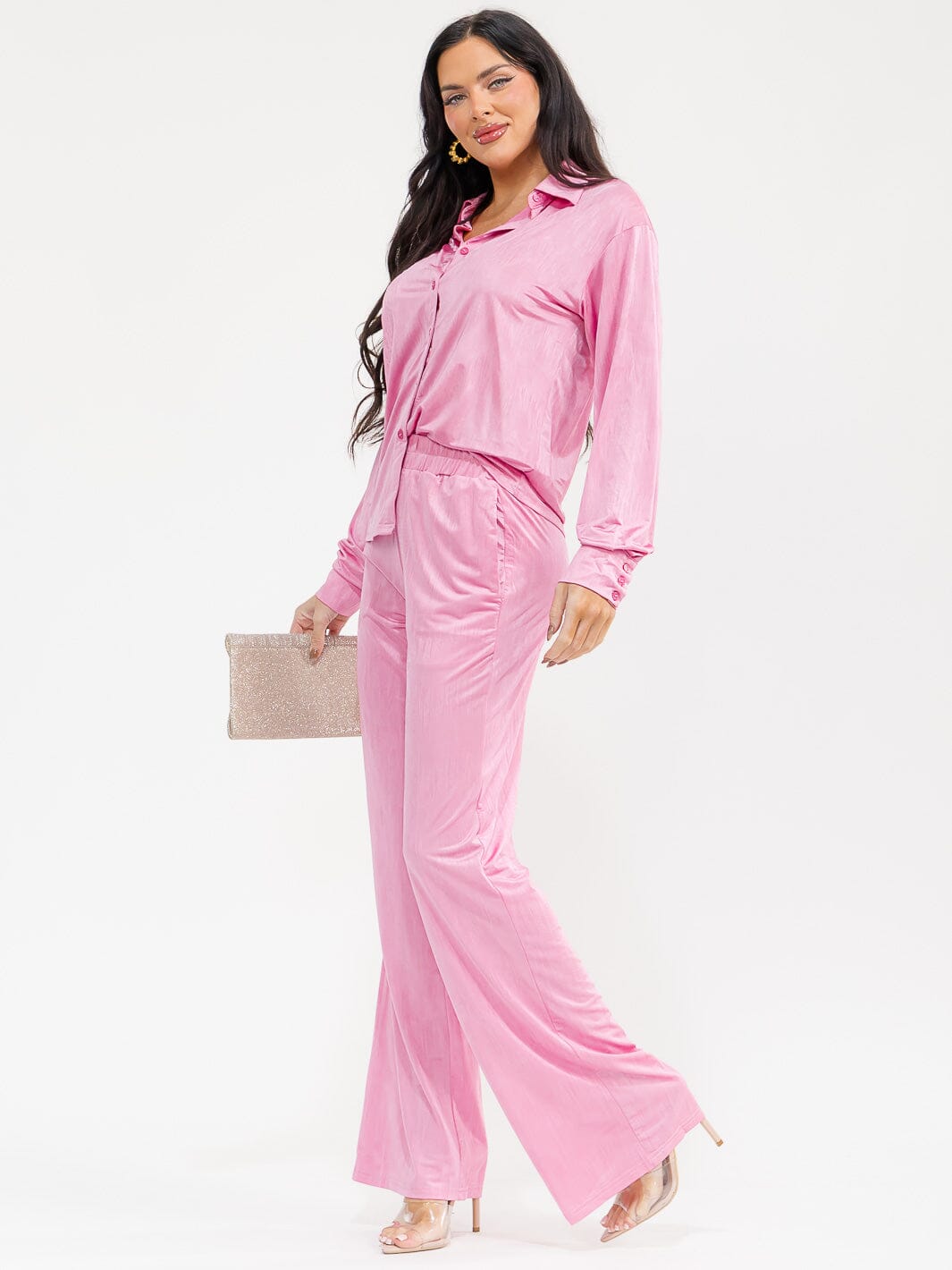 WOMEN'S LON SLEEVE BLOUSE & ELASTIC WAIST PANTS SOLID 2PC. SET