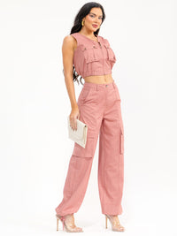 WOMEN'S SLEEVELESS ZIP UP TOP & BUTTON CLOSURE PANTS SOLID 2PC. SET