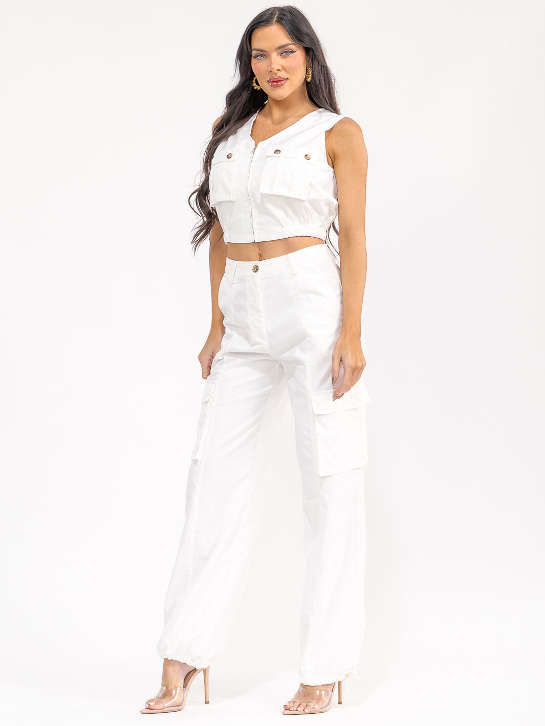 WOMEN'S SLEEVELESS ZIP UP TOP & BUTTON CLOSURE PANTS SOLID 2PC. SET