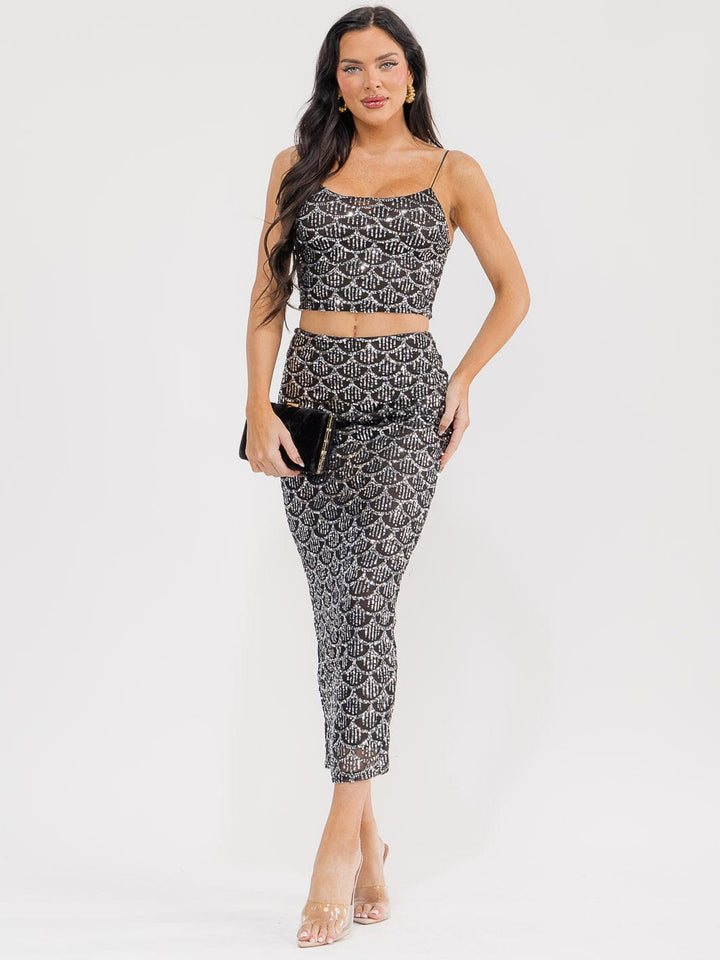WOMEN'S SLEEVELESS CROP TOP & ELASTIC WAIST MAXI SKIRT SEQUINS 2PC. SET