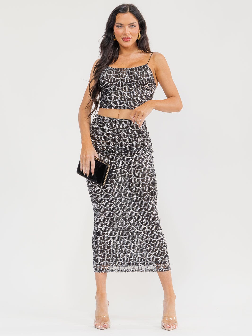 WOMEN'S SLEEVELESS CROP TOP & ELASTIC WAIST MAXI SKIRT SEQUINS 2PC. SET