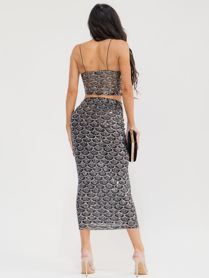 WOMEN'S SLEEVELESS CROP TOP & ELASTIC WAIST MAXI SKIRT SEQUINS 2PC. SET