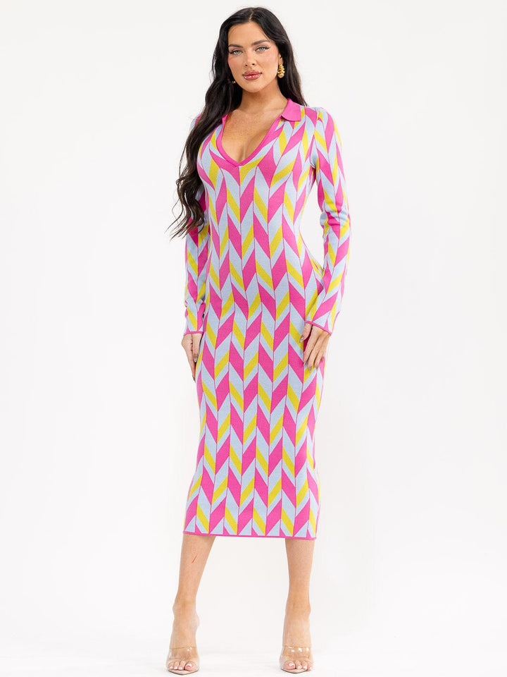 WOMEN'S LONG SLEEVE V-NECK MULTI PRINT BODYCON MAXI DRESS