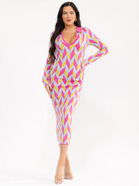 WOMEN'S LONG SLEEVE V-NECK MULTI PRINT BODYCON MAXI DRESS