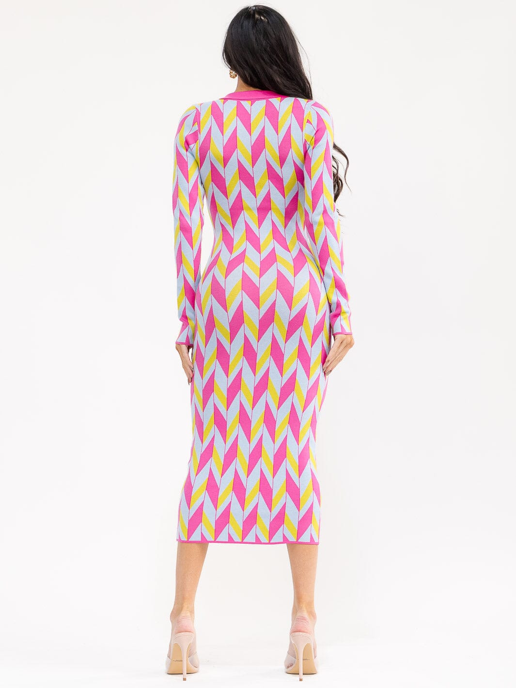 WOMEN'S LONG SLEEVE V-NECK MULTI PRINT BODYCON MAXI DRESS