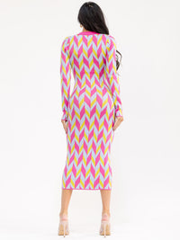 WOMEN'S LONG SLEEVE V-NECK MULTI PRINT BODYCON MAXI DRESS