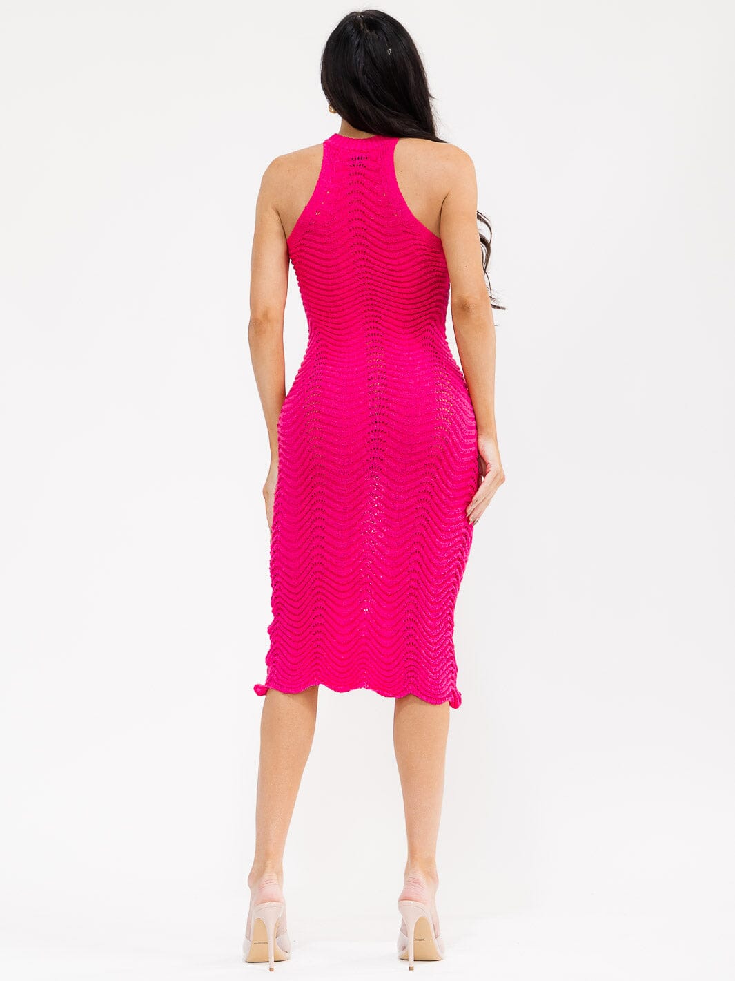 WOMEN'S SLEEVELESS HALTER NECK KNIT BODYCON MIDI DRESS