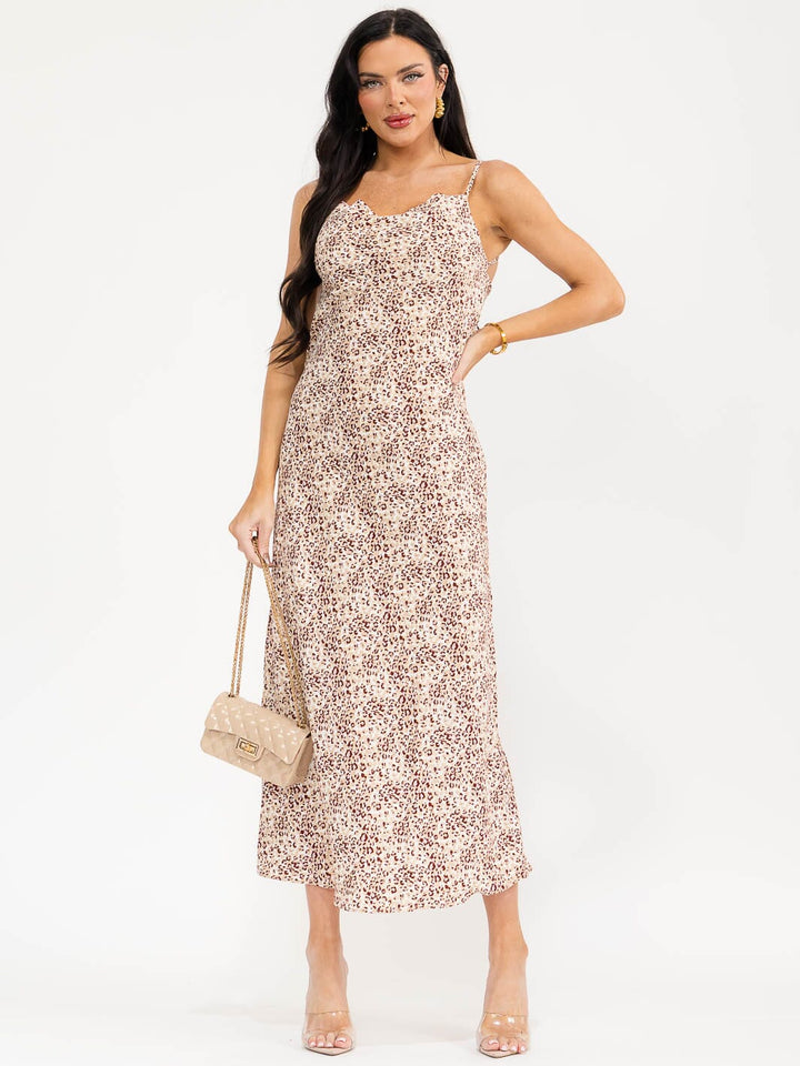 WOMEN'S SLEEVELESS COWL NECK ANIMAL PRINT MAXI DRESS