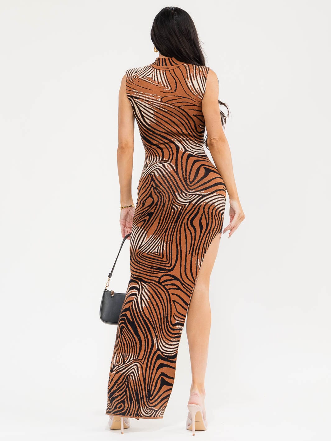 WOMEN'S SLEEVELESS MOCK NECK SIDE SLIT ANIMAL PRINT BODYCON MAXI DRESS
