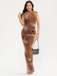 WOMEN'S SLEEVELESS MOCK NECK SIDE SLIT ANIMAL PRINT BODYCON MAXI DRESS