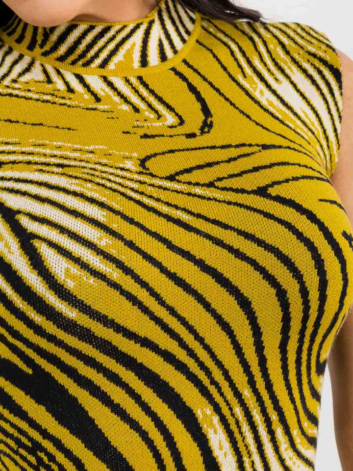 WOMEN'S SLEEVELESS MOCK NECK SIDE SLIT ANIMAL PRINT BODYCON MAXI DRESS