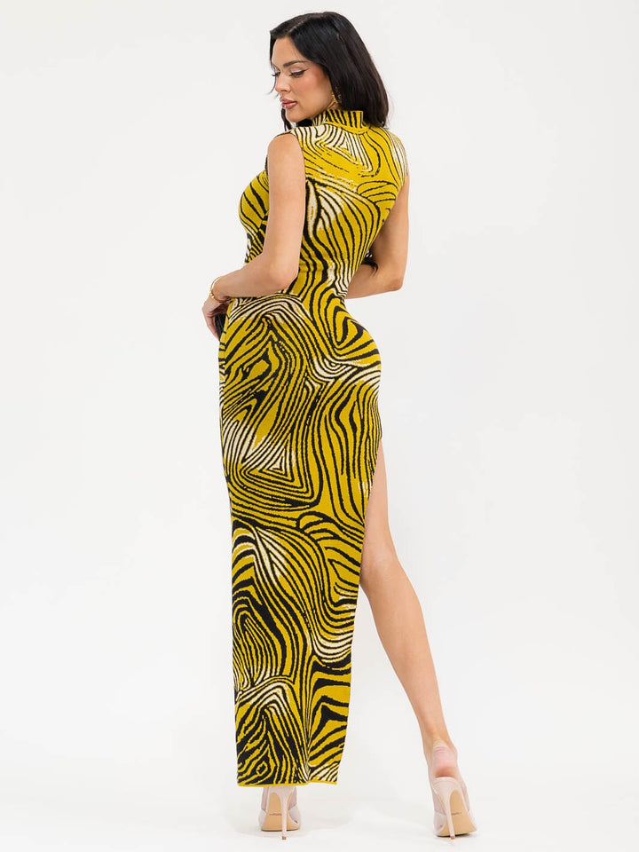 WOMEN'S SLEEVELESS MOCK NECK SIDE SLIT ANIMAL PRINT BODYCON MAXI DRESS