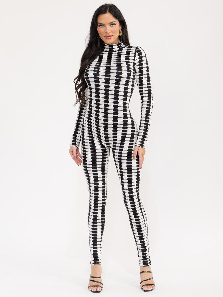 WOMEN'S LONG SLEEVE MOCK NECK COLORBLOCK SKINNY LEG JUMPSUIT