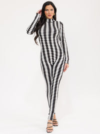 WOMEN'S LONG SLEEVE MOCK NECK COLORBLOCK SKINNY LEG JUMPSUIT