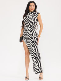 WOMEN'S SLEEVELESS MOCK NECK SIDE SLIT PRINT BODYCON MAXI DRESS