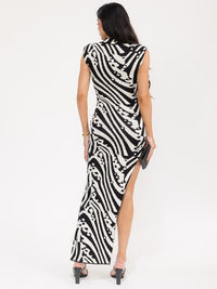 WOMEN'S SLEEVELESS MOCK NECK SIDE SLIT PRINT BODYCON MAXI DRESS
