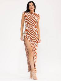 WOMEN'S SLEEVELESS MOCK NECK SIDE SLIT PRINT BODYCON MAXI DRESS