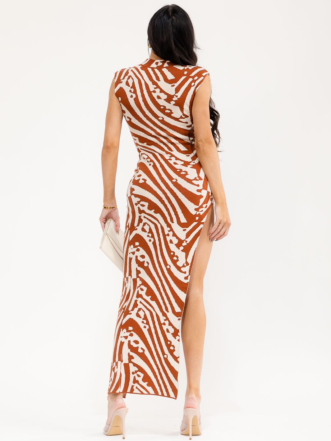 WOMEN'S SLEEVELESS MOCK NECK SIDE SLIT PRINT BODYCON MAXI DRESS