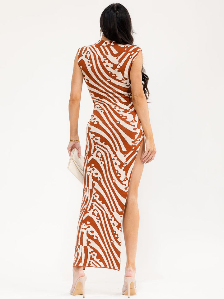 WOMEN'S SLEEVELESS MOCK NECK SIDE SLIT PRINT BODYCON MAXI DRESS