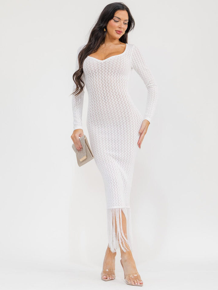 WOMEN'S LONG SLEEVE V-NECK FRINGE BOTTOM HEM KNIT BODYCON MAXI DRESS