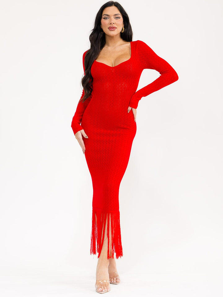 WOMEN'S LONG SLEEVE V-NECK FRINGE BOTTOM HEM KNIT BODYCON MAXI DRESS