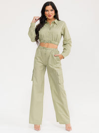 WOMEN'S LONG SLEEVE CROP TOP & ELASTIC WAIST PANTS SOLID 2PC. SET
