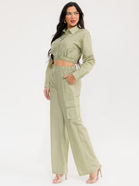 WOMEN'S LONG SLEEVE CROP TOP & ELASTIC WAIST PANTS SOLID 2PC. SET