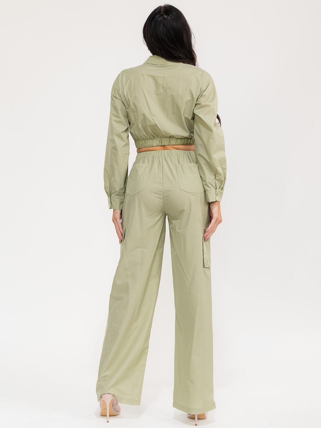 WOMEN'S LONG SLEEVE CROP TOP & ELASTIC WAIST PANTS SOLID 2PC. SET