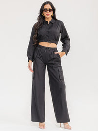 WOMEN'S LONG SLEEVE CROP TOP & ELASTIC WAIST PANTS SOLID 2PC. SET