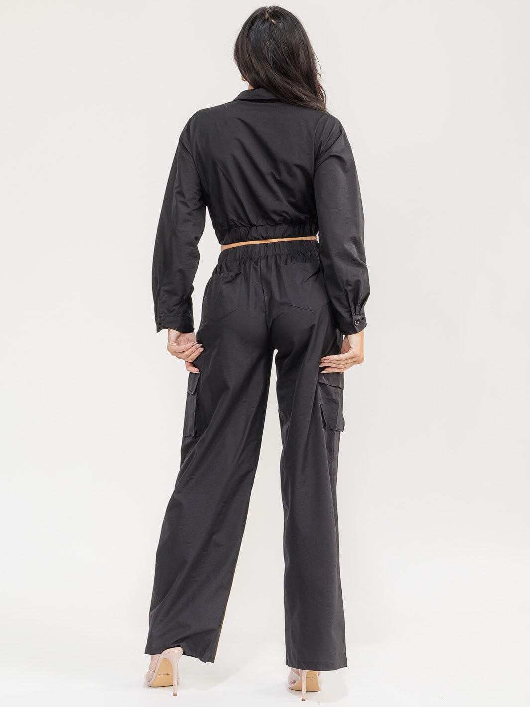 WOMEN'S LONG SLEEVE CROP TOP & ELASTIC WAIST PANTS SOLID 2PC. SET