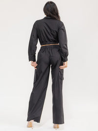WOMEN'S LONG SLEEVE CROP TOP & ELASTIC WAIST PANTS SOLID 2PC. SET