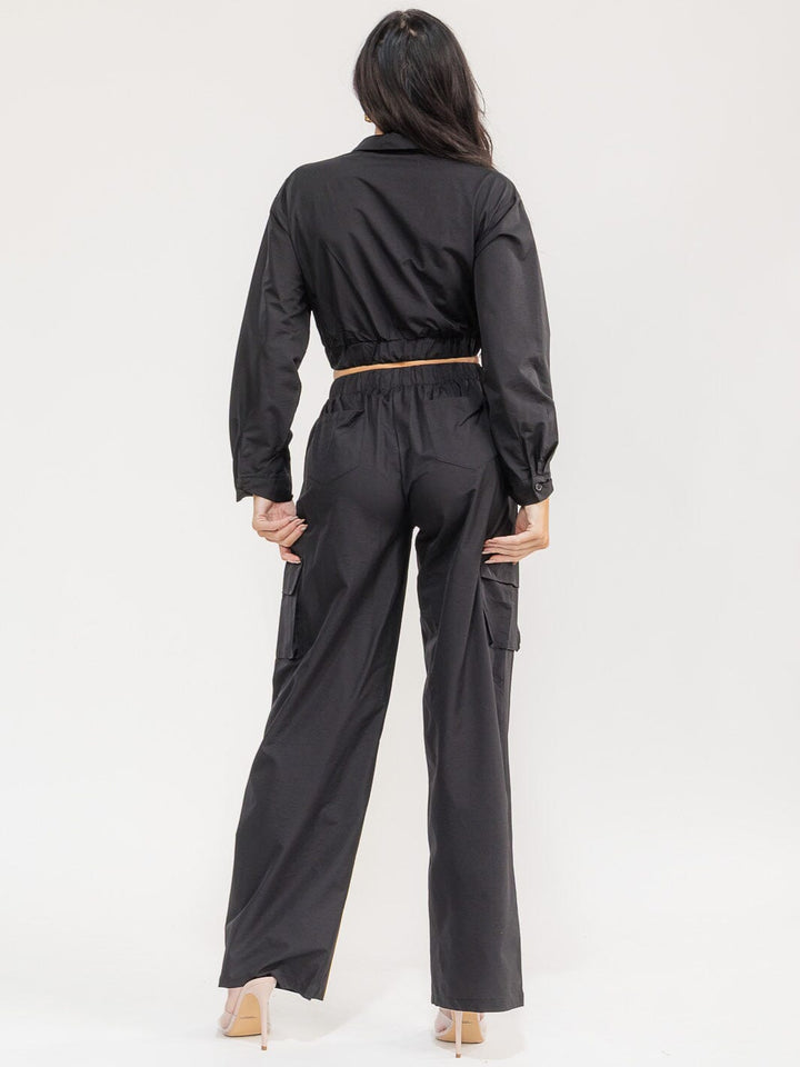 WOMEN'S LONG SLEEVE CROP TOP & ELASTIC WAIST PANTS SOLID 2PC. SET