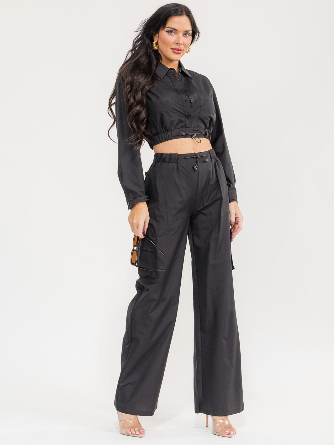 WOMEN'S LONG SLEEVE CROP TOP & ELASTIC WAIST PANTS SOLID 2PC. SET