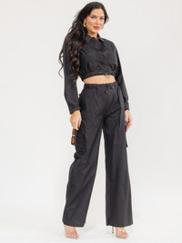 WOMEN'S LONG SLEEVE CROP TOP & ELASTIC WAIST PANTS SOLID 2PC. SET