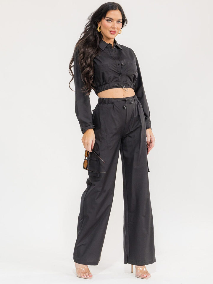 WOMEN'S LONG SLEEVE CROP TOP & ELASTIC WAIST PANTS SOLID 2PC. SET