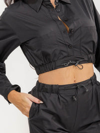 WOMEN'S LONG SLEEVE CROP TOP & ELASTIC WAIST PANTS SOLID 2PC. SET