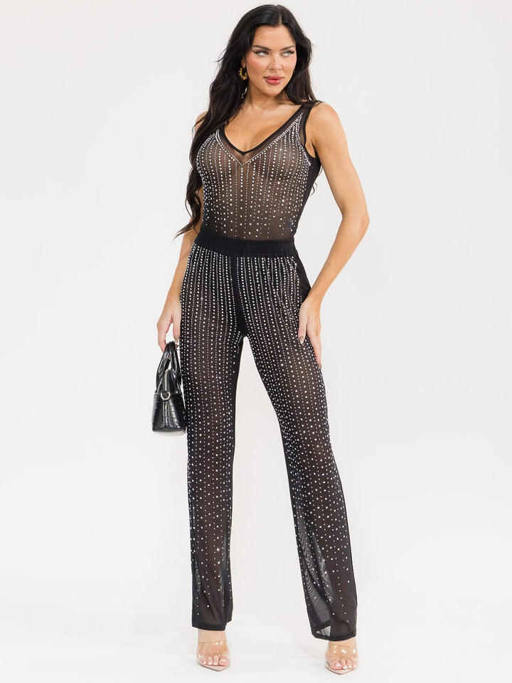 WOMEN'S SLEEVELESS BODYSUIT & ELASTIC WAIST PANTS MESH STUDS 2PC. SET