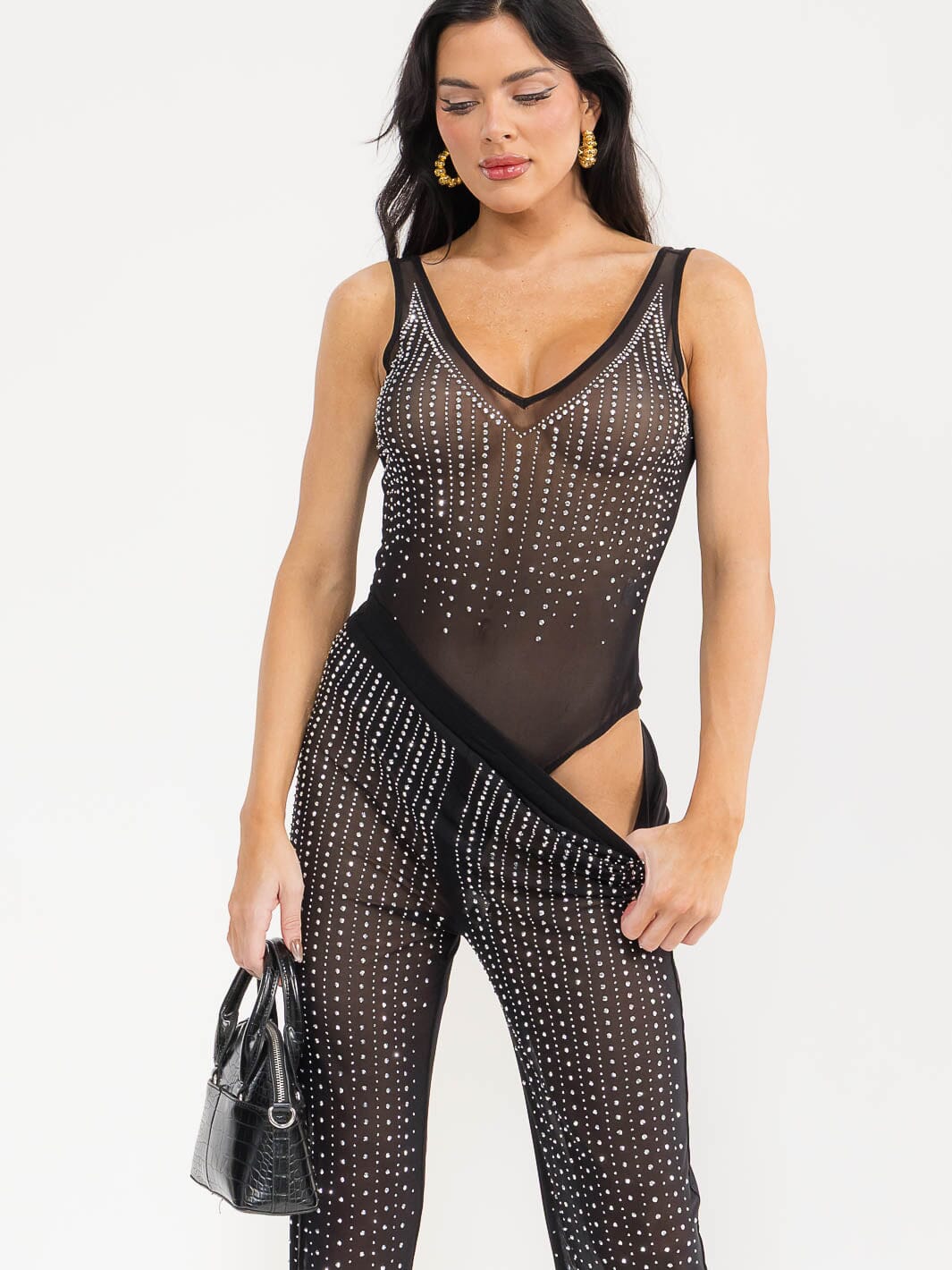 WOMEN'S SLEEVELESS BODYSUIT & ELASTIC WAIST PANTS MESH STUDS 2PC. SET