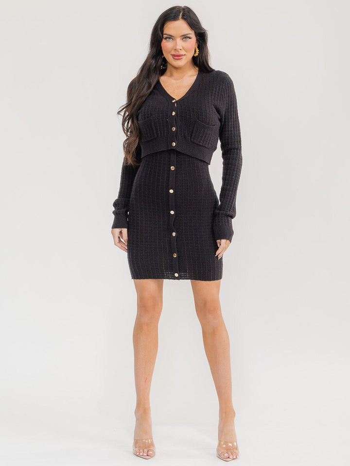 WOMEN'S LONG SLEEVE CARDIGAN & SLEEVELESS MINI DTESS RIBBED 2PC. SET
