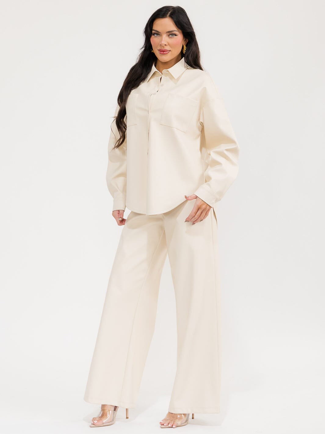 WOMEN'S LONG SLEEVE SHACKET & BUTTON CLOSURE PANTS PU PLEATHER 2PC. SET