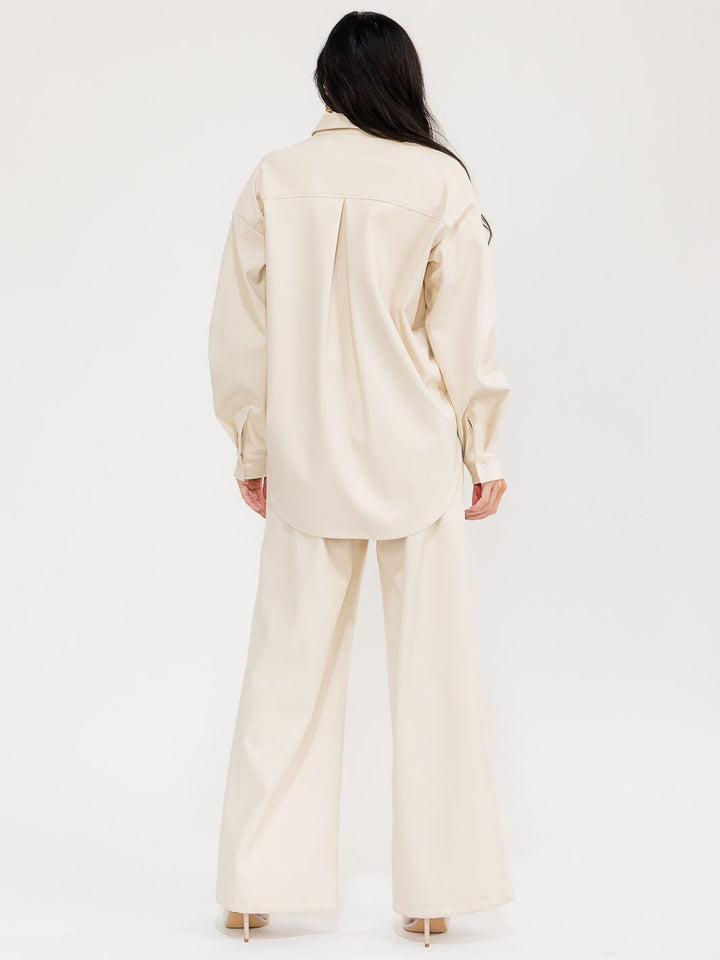 WOMEN'S LONG SLEEVE SHACKET & BUTTON CLOSURE PANTS PU PLEATHER 2PC. SET